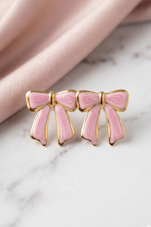 Gold Pembe Mineli Geniş Kurdele Premium Çelik Küpe