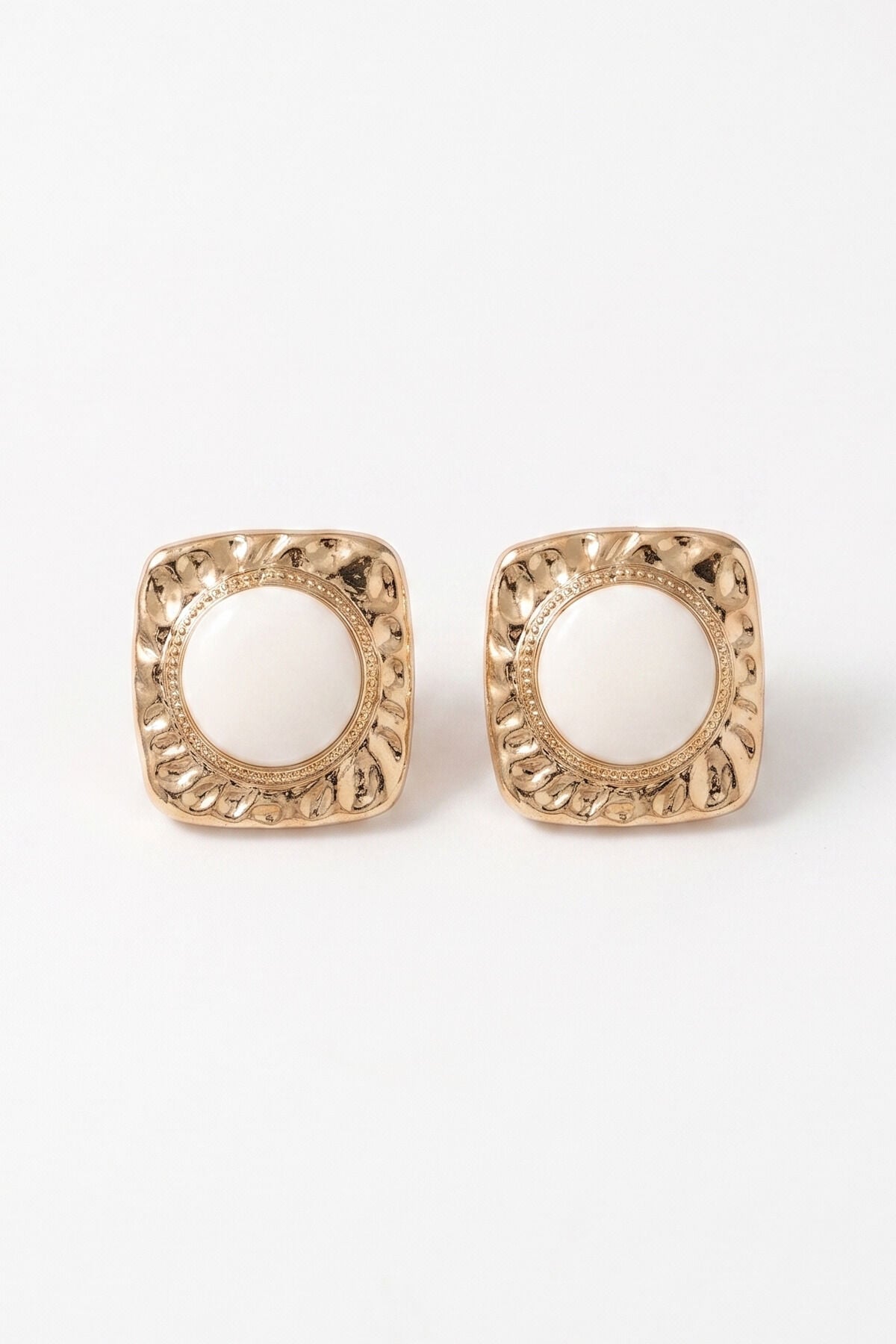 Gold Dörtgen Vintage Beyaz Mineli Küpe