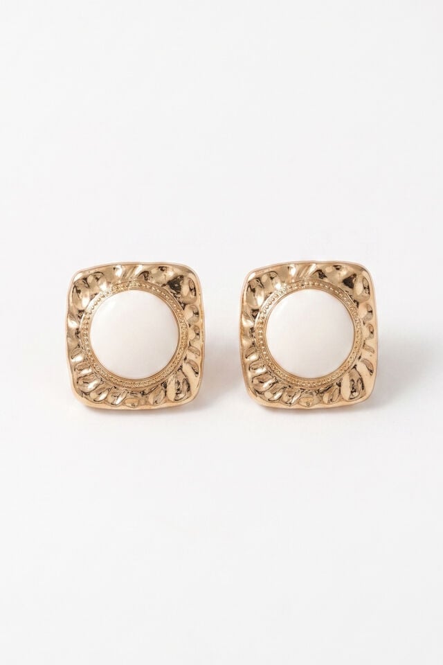 Gold Dörtgen Vintage Beyaz Mineli Küpe