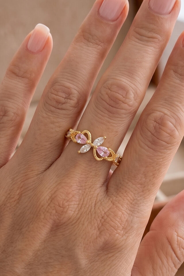Gold Pembe Zirkon Fiyonk Çelik Yüzük