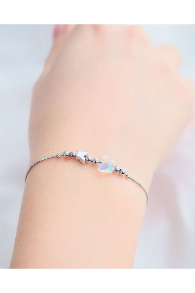 Gümüş Kaplama Zirkon Kelebek Minimal Çelik Bileklik