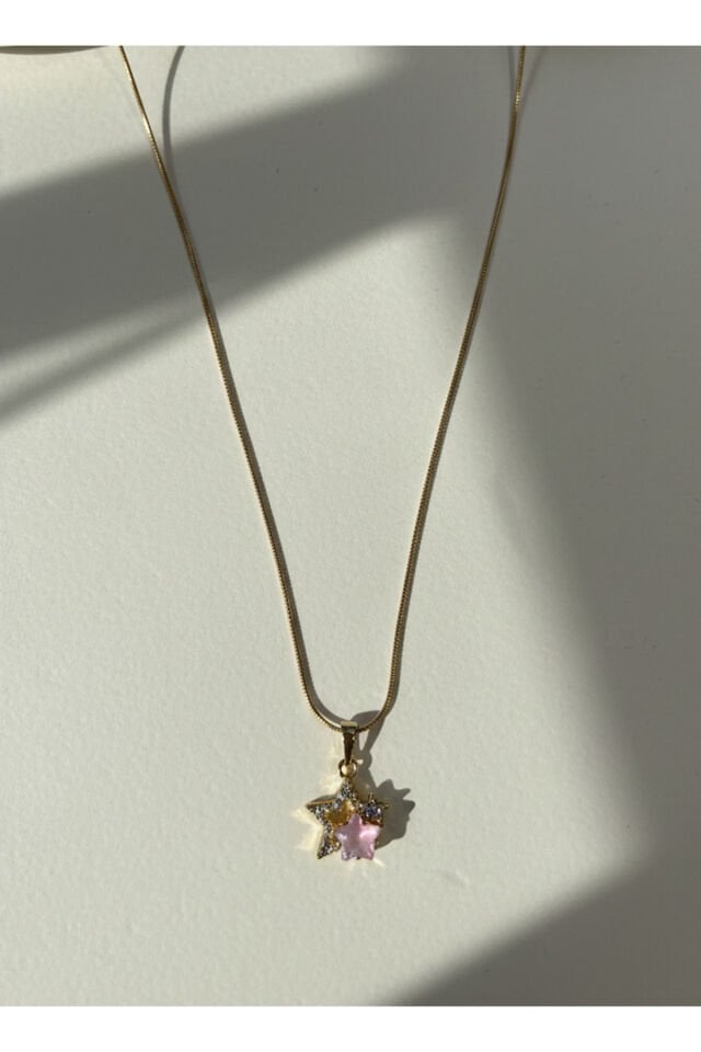 Altın Kaplama Pembe Ve Zirkon Yıldız Taşlı Çelik Kolye