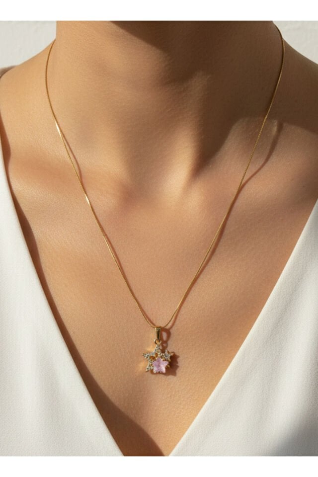 Altın Kaplama Pembe Ve Zirkon Yıldız Taşlı Çelik Kolye