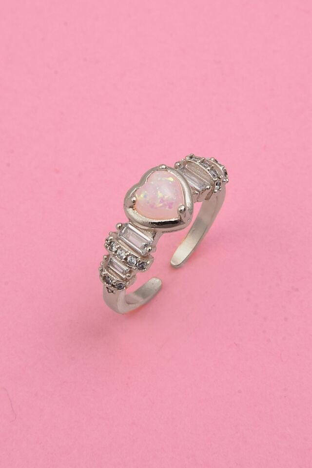 Kadın Gümüş Kaplama Beyaz Opal Kalp & Zirkon Baget Taşlı Ayarlanabilir Çelik Yüzük (exclusive)