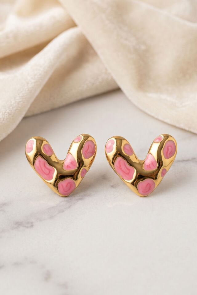 Gold Pembe Benek Mineli Kalp Premium Çelik Küpe