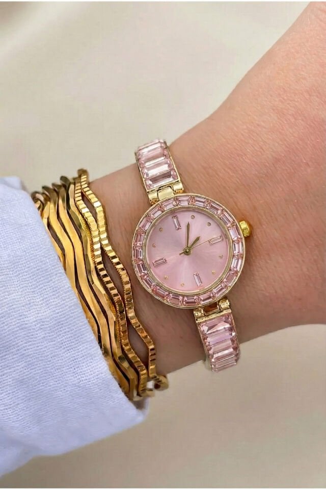 Pembe Baget Zirkon Taşlı Altın Kaplama Kol Saati