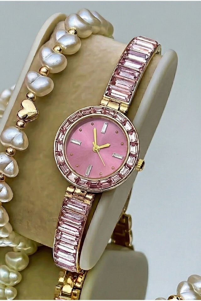 Pembe Baget Zirkon Taşlı Altın Kaplama Kol Saati