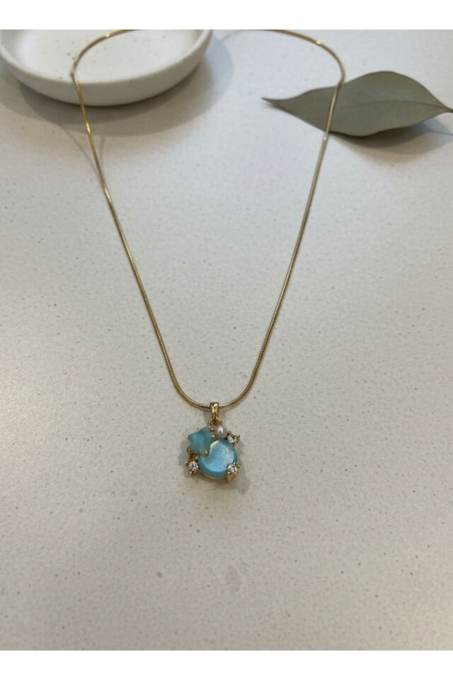 Altın Kaplama Mavi Yuvarlak Ve Yıldız Taşlı Çelik Kolye