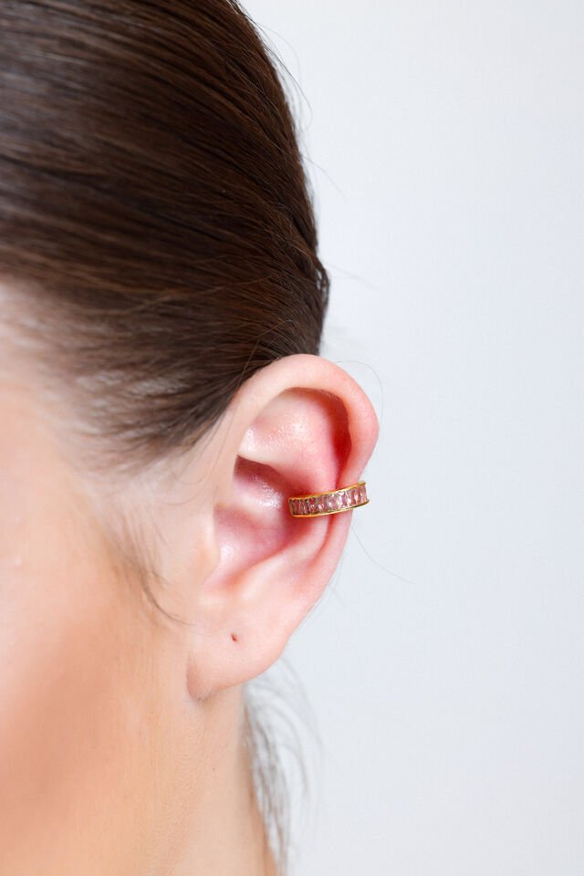 Kadın Gold Pembe Zirkon Baget Suyolu EarCuff Küpe