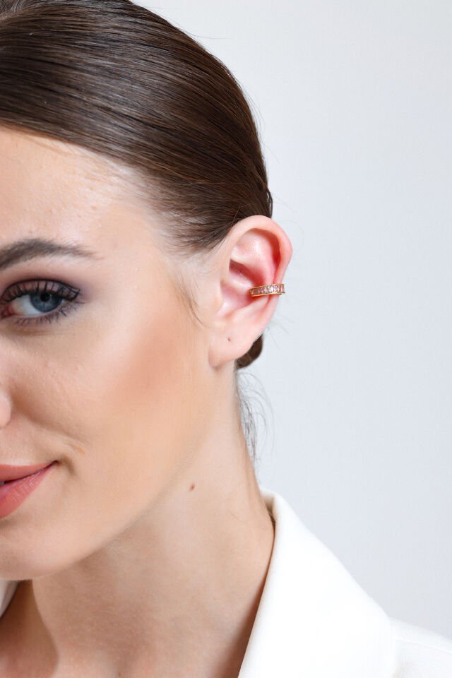 Kadın Gold Pembe Zirkon Baget Suyolu EarCuff Küpe