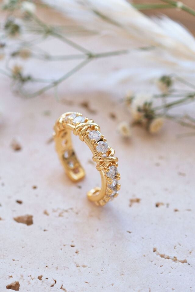 Gold Tiffany XOX Zirkon Ayarlanabilir Yüzük