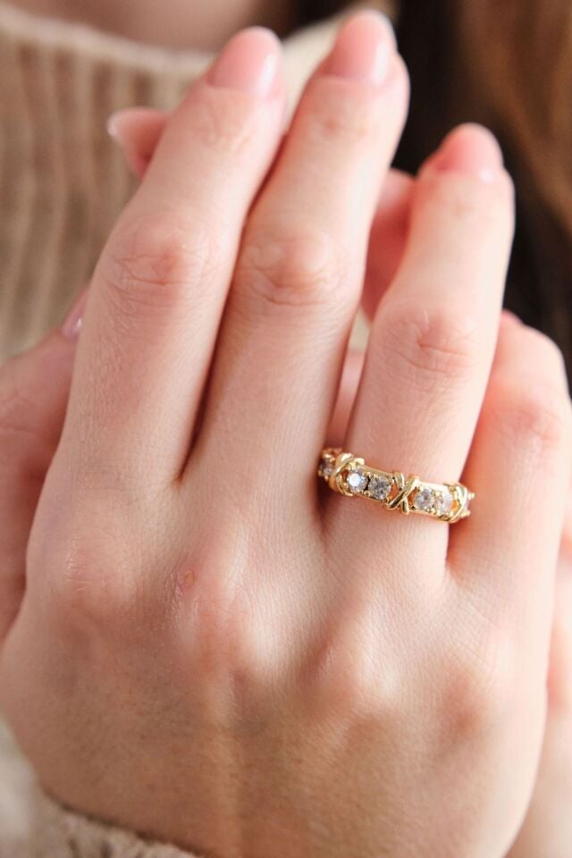 Gold Tiffany XOX Zirkon Ayarlanabilir Yüzük