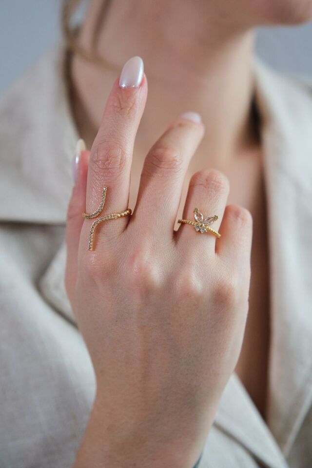 2'li Gold Zirkon Taşlı Kelebek ve Zarif Yüzük Seti