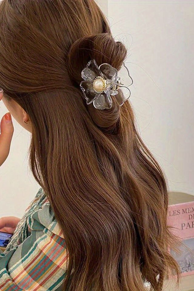 Şeffaf İncili Çiçek Mandal Toka