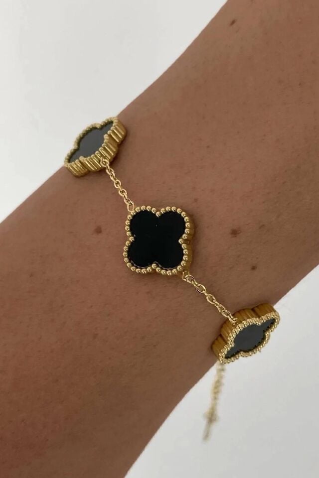 Gold Siyah Doğal Taşlı Premium Çelik Bileklik