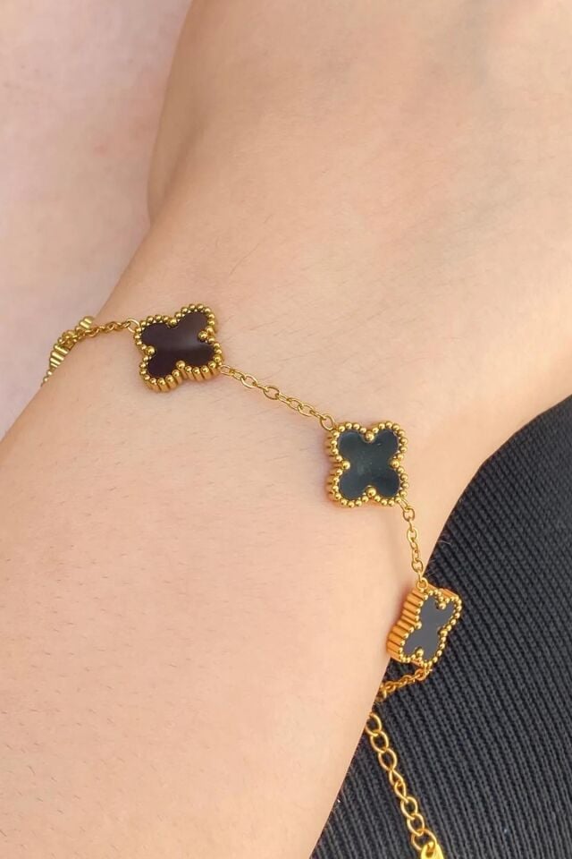 Gold Siyah Doğal Taşlı Premium Çelik Bileklik