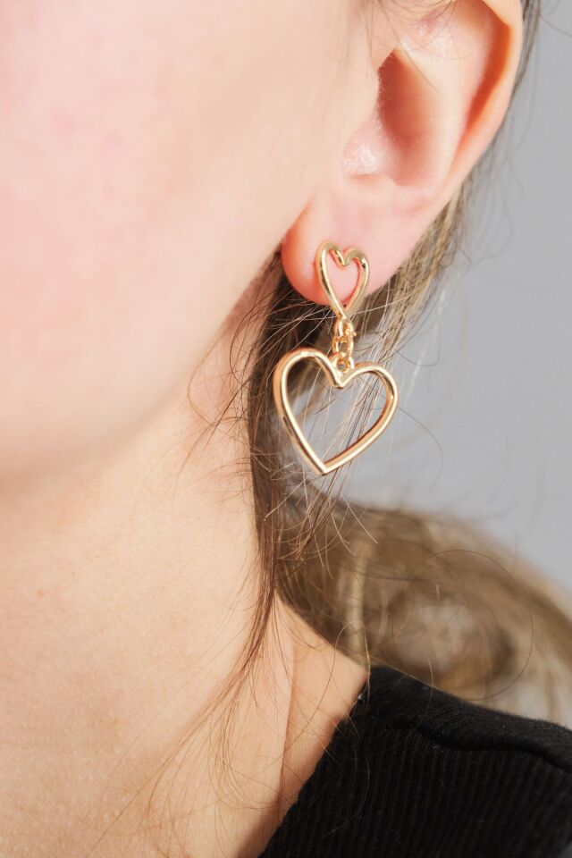 2'li Sallantılı Gold İnce Kalp Küpe