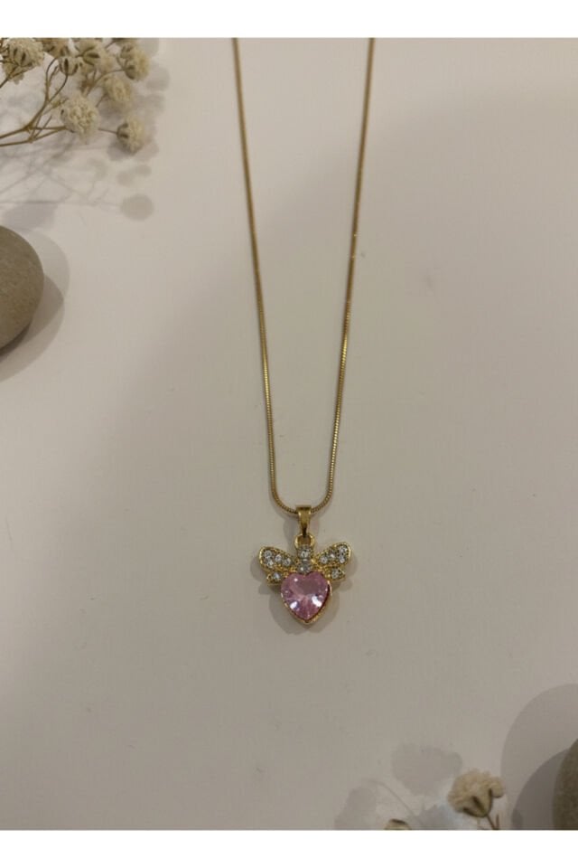 Altın Kaplama Pembe Kalp ve Fiyonk Zirkon Taşlı Çelik Kolye