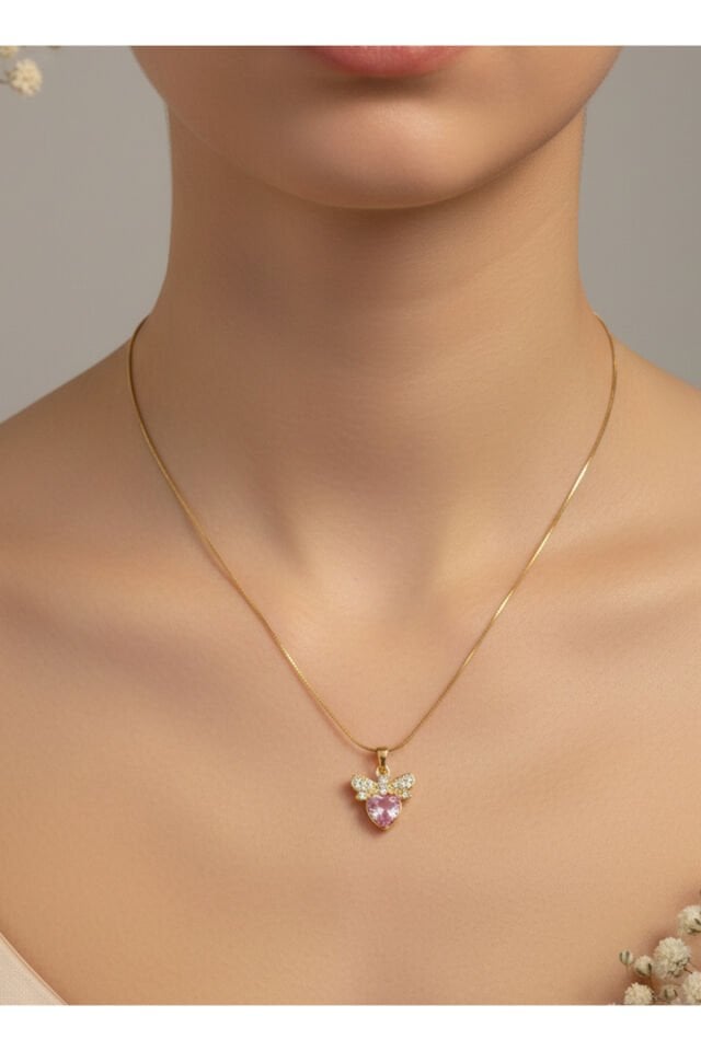 Altın Kaplama Pembe Kalp ve Fiyonk Zirkon Taşlı Çelik Kolye