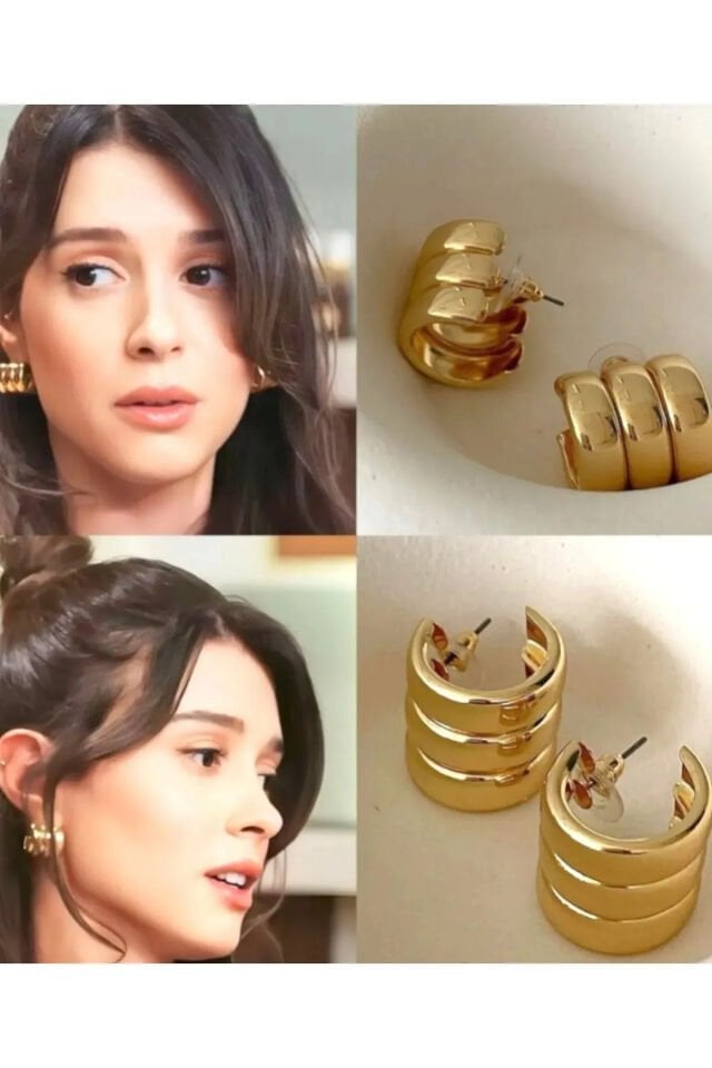 Gold 3 Sıra Bombeli Küpe Seti