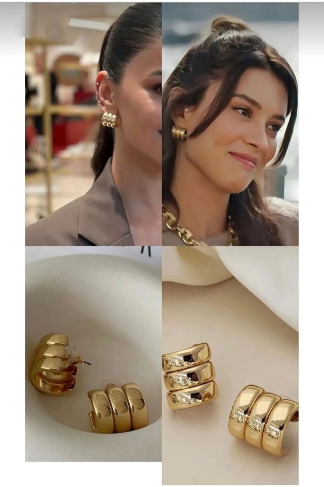 Gold 3 Sıra Bombeli Küpe Seti