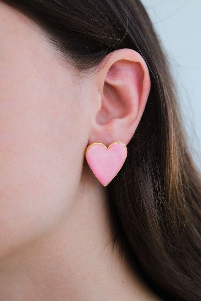 Altın Kaplama Pembe Mineli Kalp Küpe