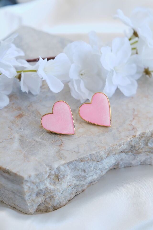 Altın Kaplama Pembe Mineli Kalp Küpe