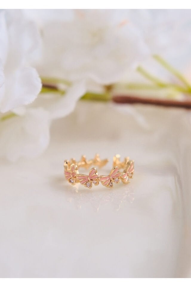 Zirkon Taşlı Pembe Kelebek Çelik Yüzük