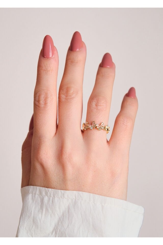 Zirkon Taşlı Pembe Kelebek Çelik Yüzük