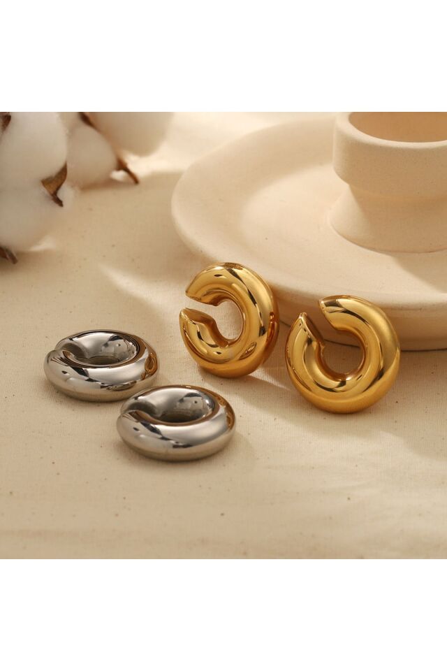 Silver C Bombeli Earcuff Geniş Halka Kıkırdak Küpesi