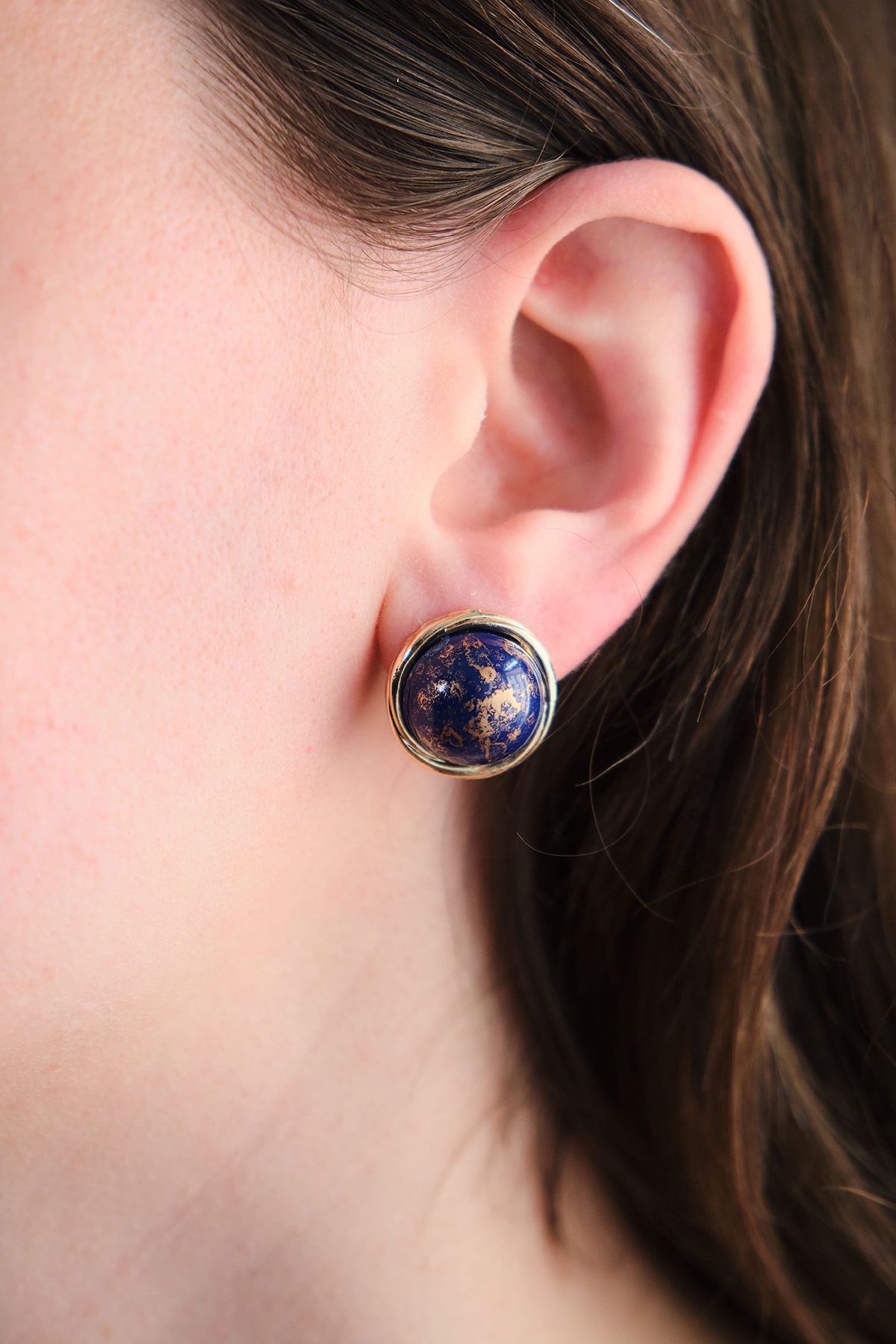 Vintage Lacivert Taşlı Yuvarlak Küpe