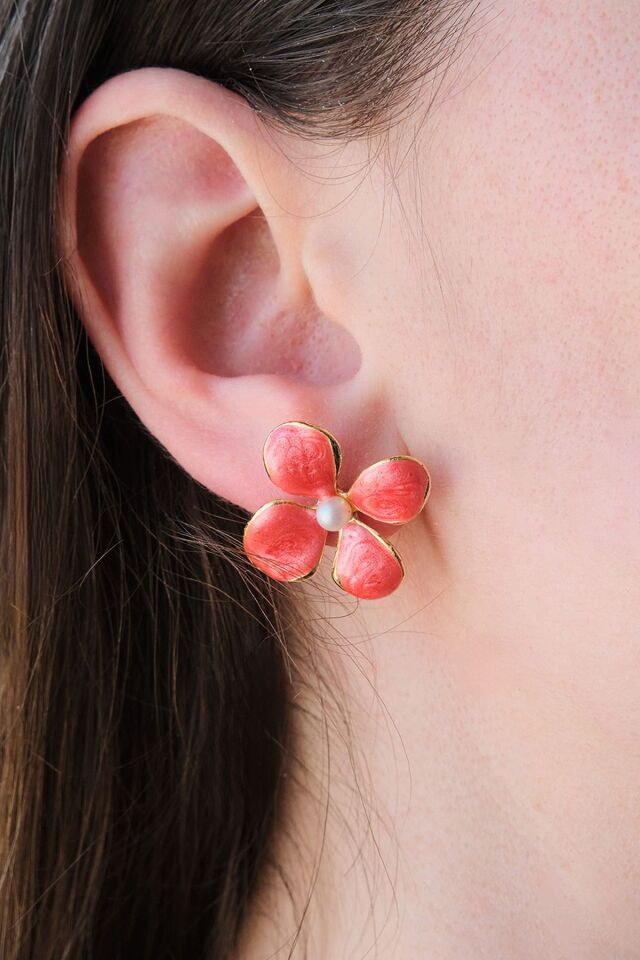 Altın Kaplama İncili Gül Rengi Mineli Çiçek Küpe