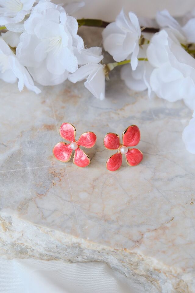 Altın Kaplama İncili Gül Rengi Mineli Çiçek Küpe