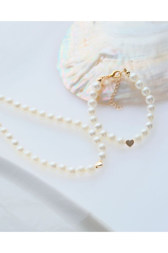 Gold Kalp Detaylı İncili Bileklik Ve Kolye Seti