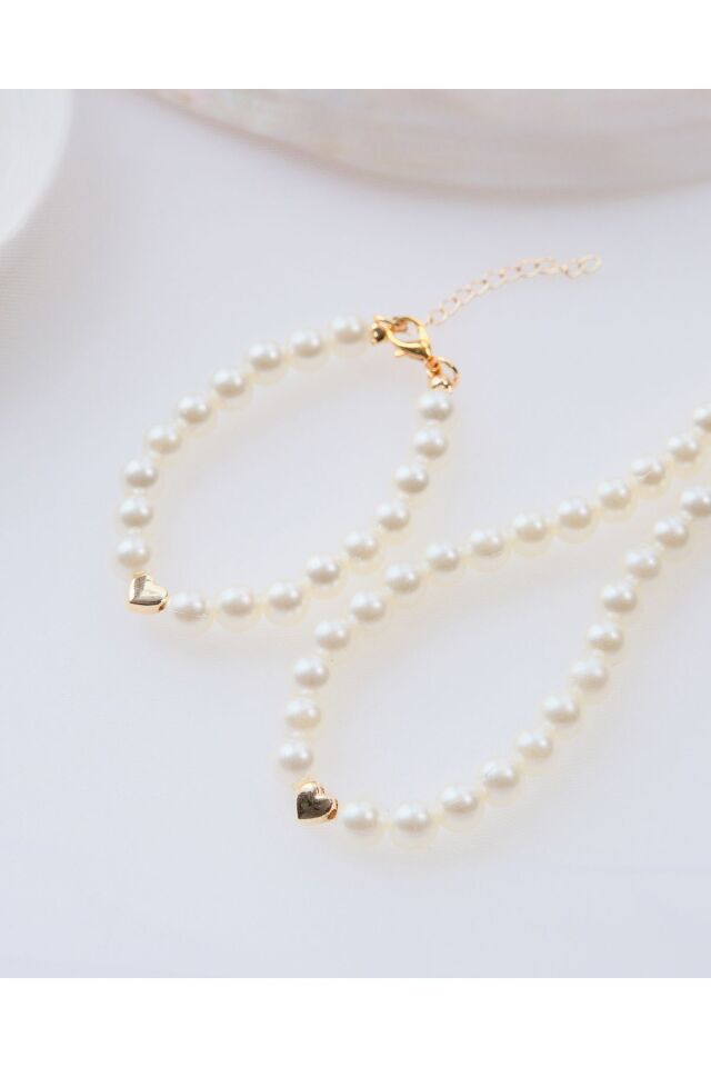 Gold Kalp Detaylı İncili Bileklik Ve Kolye Seti