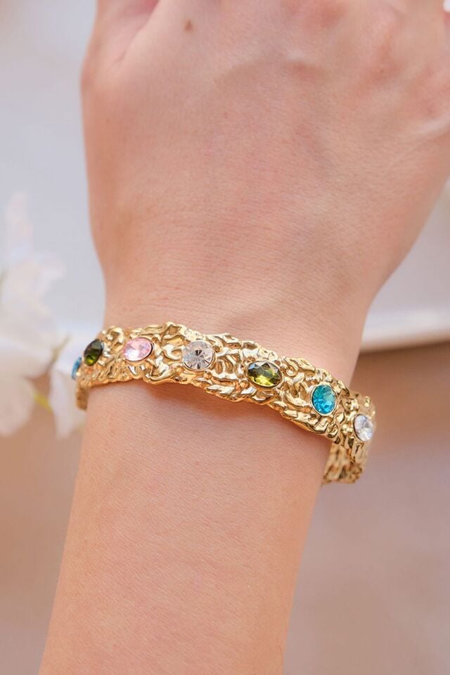 Gold Vintage Renkli Zirkon Taşlı Çelik Kelepçe Bileklik