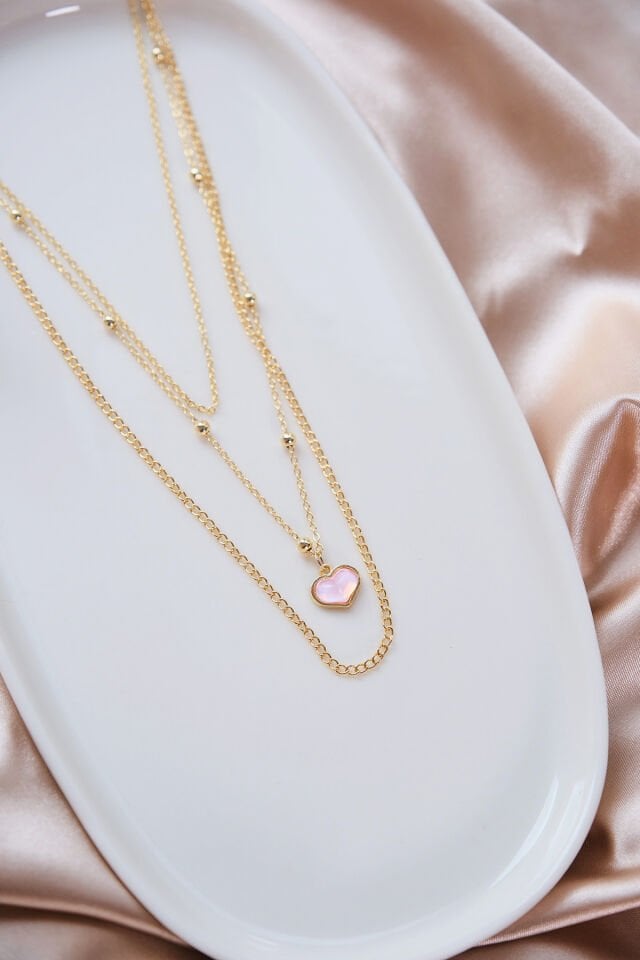 Gold 3'lü Pembe Kalp Kolye