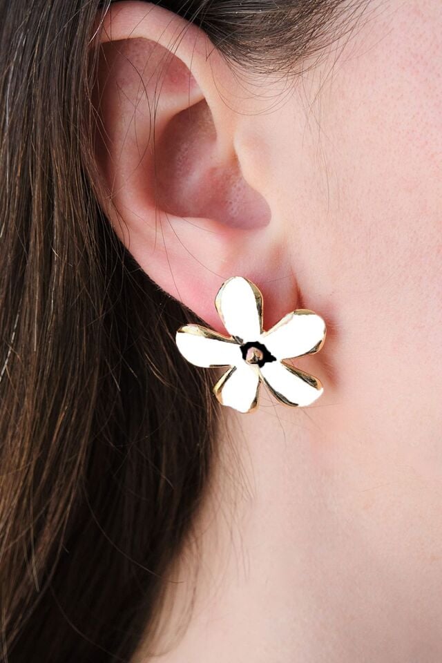 Beyaz ve Siyah Mineli Papatya Küpe