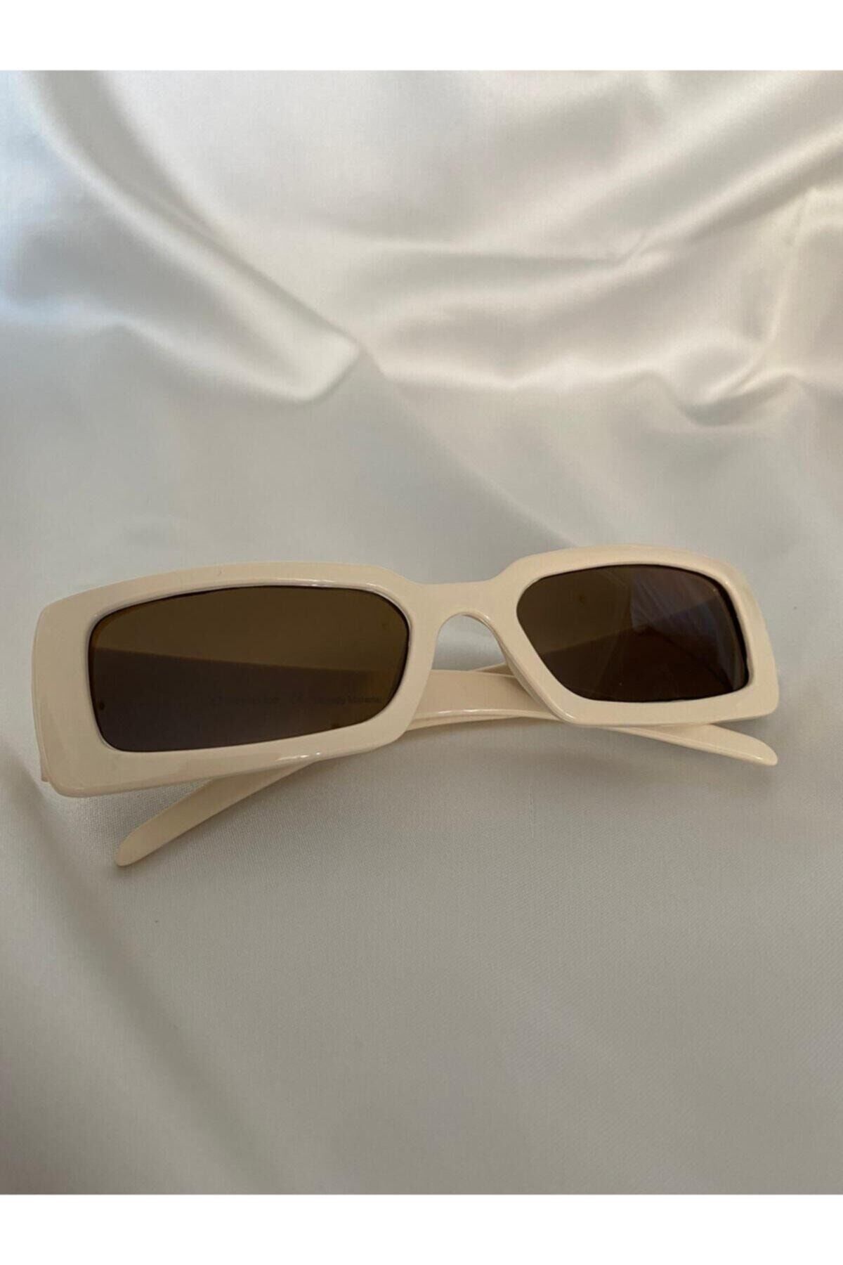 Vintage Model Baklava Desen Detaylı Krem Unisex Güneş Gözlüğü