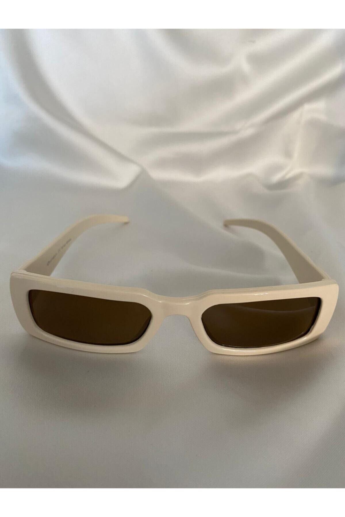 Vintage Model Baklava Desen Detaylı Krem Unisex Güneş Gözlüğü