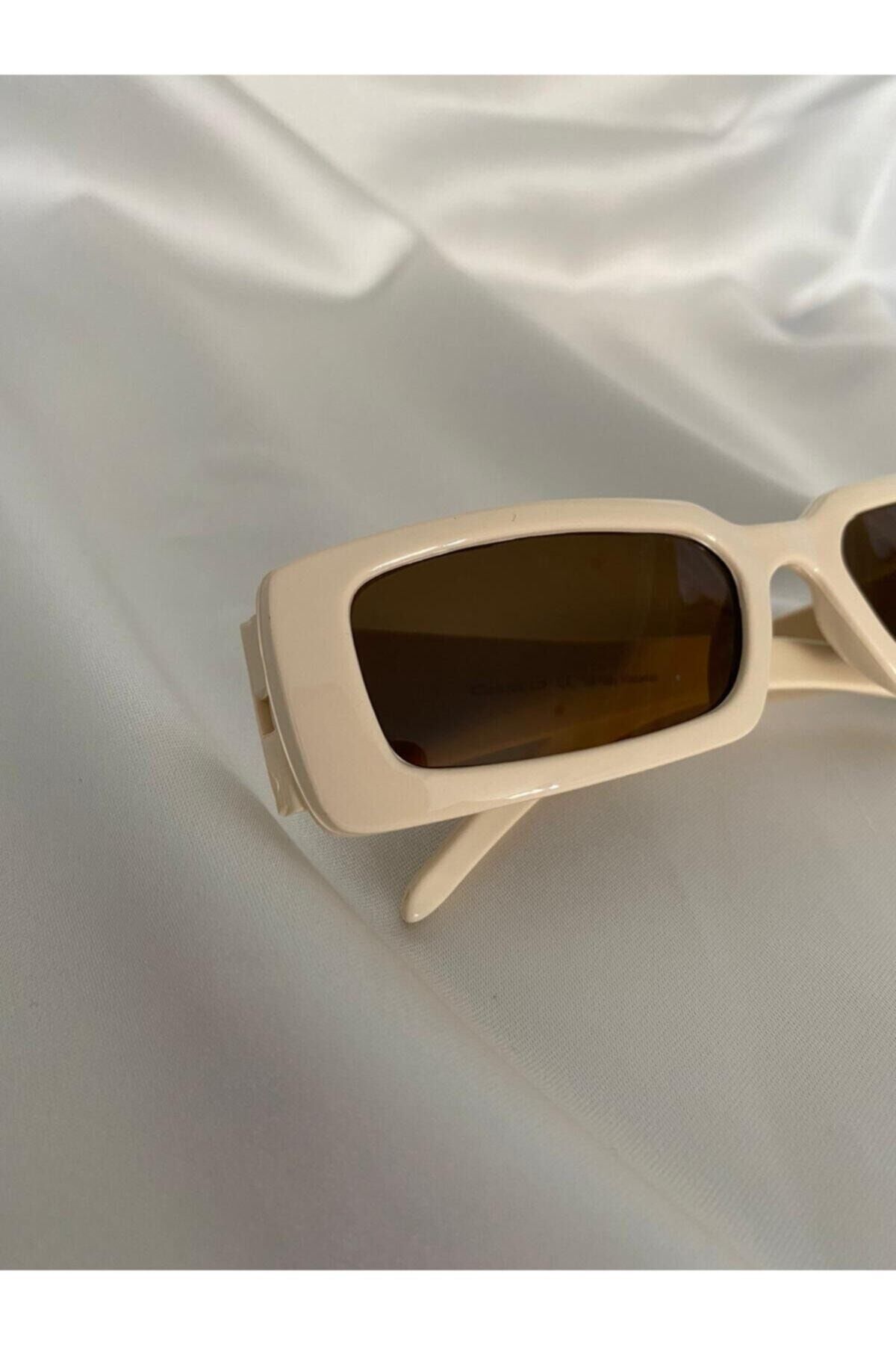 Vintage Model Baklava Desen Detaylı Krem Unisex Güneş Gözlüğü