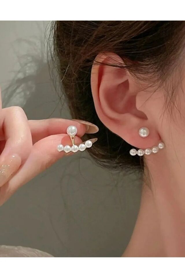 Altın Kaplama İncili Çift Kullanım Yarım Ay Küpe