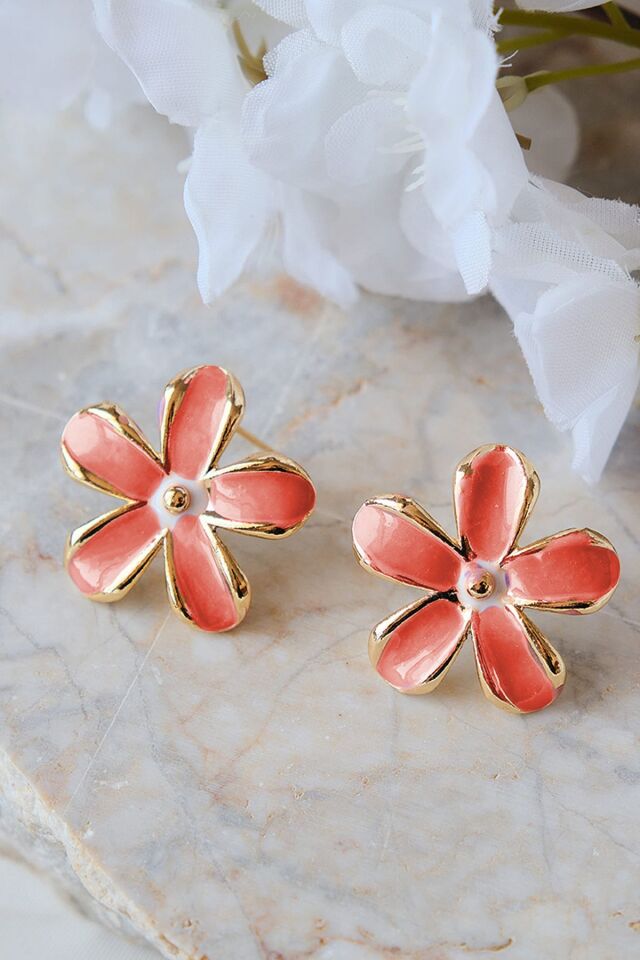 Gül Rengi ve Beyaz Mineli Papatya Küpe