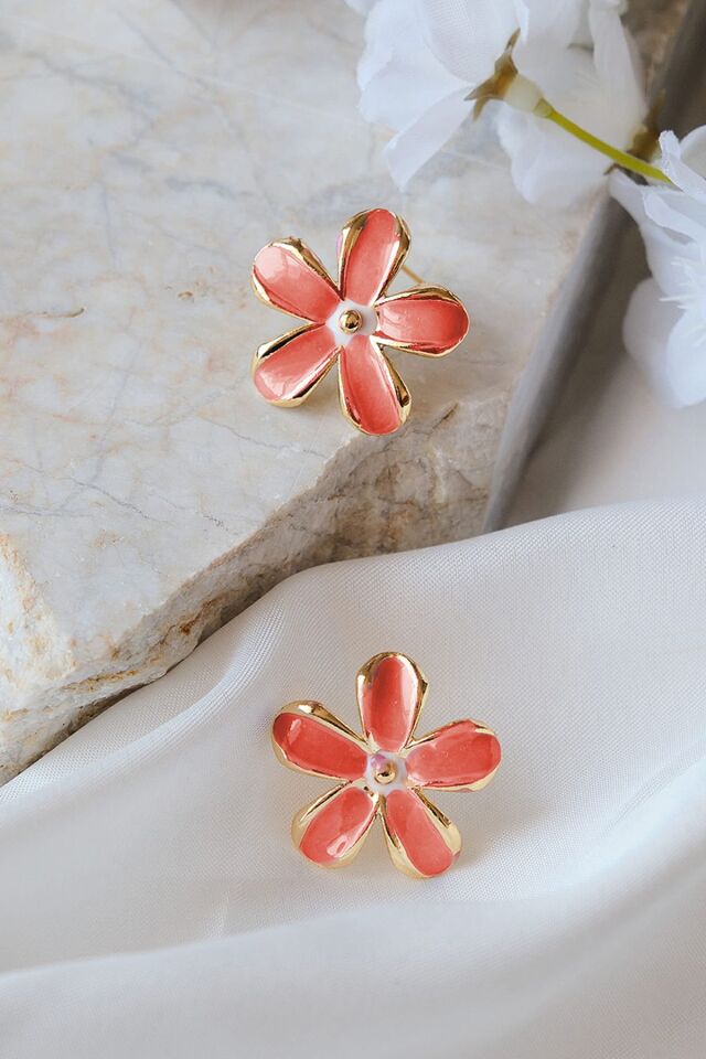 Gül Rengi ve Beyaz Mineli Papatya Küpe