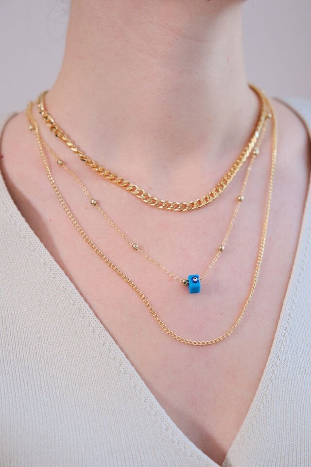 Gold 3'lü Mavi Nazarlı Kolye