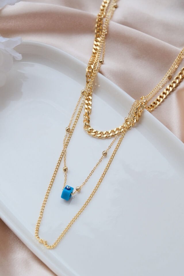 Gold 3'lü Mavi Nazarlı Kolye