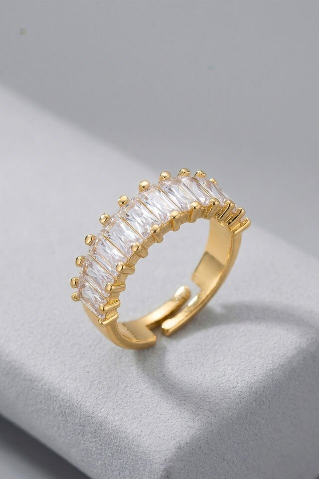 Gold Premium Kalite Su Yolu Zirkon Taşlı Ayarlanabilir Çelik Yüzük