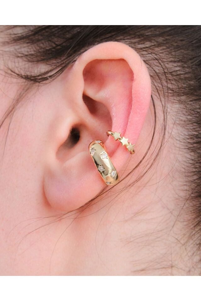 Gold Renk 2’li Yıldız Zirkon Taşlı Earcuff Seti