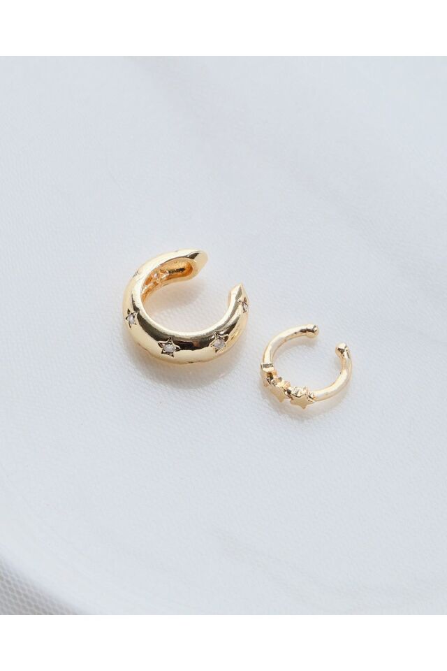 Gold Renk 2’li Yıldız Zirkon Taşlı Earcuff Seti