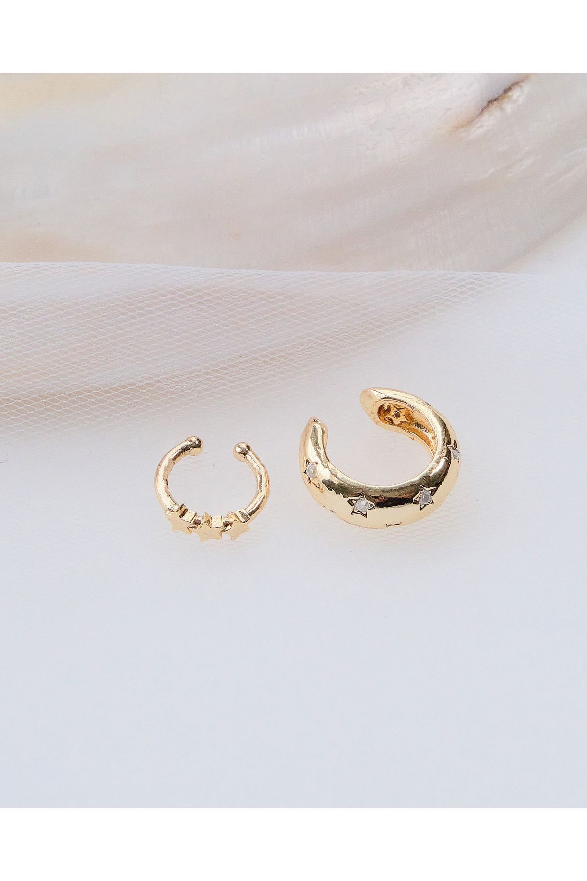 Gold Renk 2’li Yıldız Zirkon Taşlı Earcuff Seti